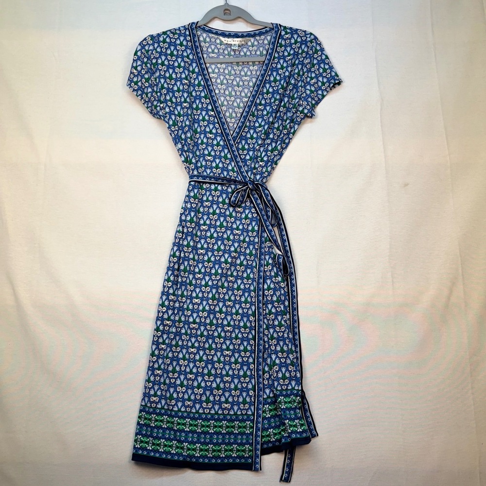 Max Studio Blue Green Floral Geometric Wrap Dress Short Sleeve Small 5902W51